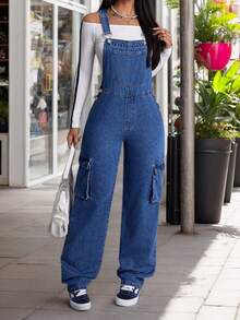 Pantalones de petos vaqueros estilo vintage cargo para mujer, jeans rectos y holgados de mezclilla, ​​bolsillos con tapa laterales, prenda trendy casual para dama - Azul - Ver 5