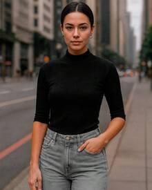Kit 2 Women's Blouse High Neck Ribbed Premium 3/4 Sleeve Basic Elegant Comfortable Classic And Timeless Women's Fashion Ideal For Work Everyday Or Going Out Combines With Jeans Skirt Or Shorts Versatile Style Essential Piece That Enhances The Look With Comfort And Quality - 黑色+裸色 - 查看 2