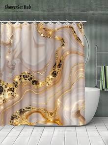 1/3/4件組大理石紋金線設計浴室套裝，72*72英吋大尺寸浴簾，防水耐磨，含12個掛鉤－包含馬桶蓋套、防滑浴室地墊與柔軟小地毯－聚酯纖維布料－可機洗－適合節日裝飾、居家/臥室/住宅/西式/夏季/房間裝飾 - 彩色 - 查看 4