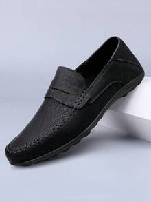 奢华男士皮革便士乐福鞋，休闲草编风格一脚蹬平底鞋，配有方便的松紧带，适合春秋季日常穿着、婚礼、宴会、办公室、商务场合的正装鞋