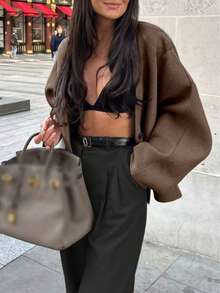Women's Casual Solid Color Jacket, Versatile For Daily Wear, Autumn/Winter - Dark Brown - View 2