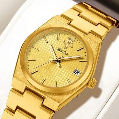  YaLaLuSi Brand 1 Piece Golden Vintage Versatile New Women's Quartz Wristwatch Compact Fashionable Round Dial Unique Mesh Solid-Color Dial Design Features Date Function Quartz Movement For Precise Timekeeping Stick Markers
