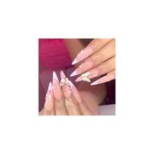 Press On Nails Long Stiletto Fake Nails Pink French Tip Glue On Nails Metallic Butterfly Charm Design Luxury Acrylic Nails 24Pcs Almond False Nails Flower Coquette Stick On Nails - 多色26 - 查看 1