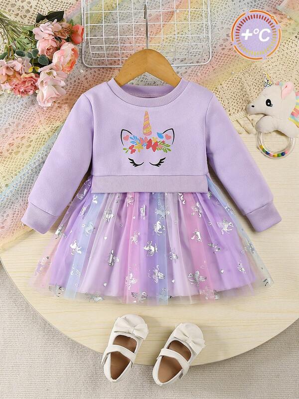 Abito felpa in pile vivace e dolce per bambina con inserti in rete, comodo da indossare, regalo per le vacanze