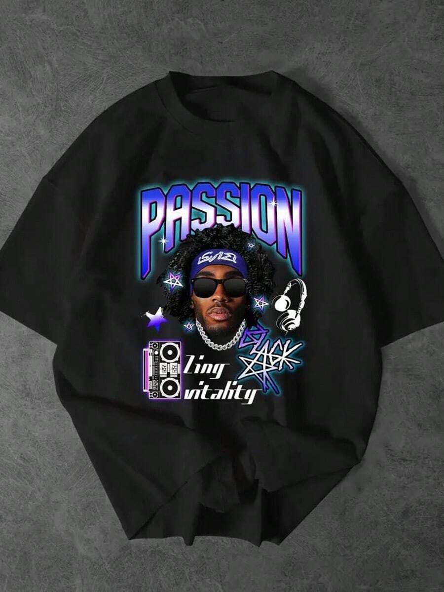 [Free Shipping]Plus Size Men's Passion To Hip Hop Star Print Casual Versatile Short Sleeve T-Shirt, Stylish Comfy Tees, Big & Tall,Nightmare Before Christmas,Christmas,Halloween Costumes,Funny T Shirts,Summer Outfits,Thanksgiving Day,Men Graphic Tees,Streetwear Men,Freedom Shirt,Halloween Costumes For Men,Christmas,Funny Shirt,Graphic Tee,Vintage,Street Fashion, Sporty Casual, All Season, Y2K Clothing, Christmas, Gift For Boyfriend,Printed & Shipped In USA - Black - View 1