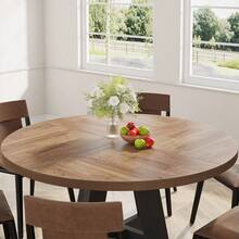 LITTLE TREE Round Dining Table Wood Kitchen Table For Dining Room, 47" Dinning Room Tables For 4 Adult, Farmhouse Dinner Table With Wooden Tabletop And Cross Base, Light Wood - Eucalyptus Brown and Black - View 4