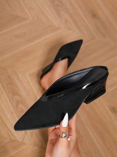 Versatile Asymmetric Heel Mule Chunky Heel -On Shoes, Commuter-Friendly Comfortable Office Minimalist Black Faux Suede Patchwork Women's High Heel Pumps With Exposed Heel