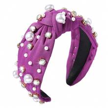 Pearl Knotted Headband For Women White Pearl Rhinestone Crystal Jeweled Embellished Hairband Fashion Elegant Ladies Wide Top Knot Bride Boho Head Band Headpieces Bachelorette Party Hair Accessories - 深紫色結髮帶 - 查看 1