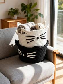 1 pieza Cesta de almacenamiento de escritorio de cuerda de algodón con diseño de gato de dibujos animados, cesta de almacenamiento de juguetes y decoración del hogar estilo Ins, cesta de almacenamiento de cosméticos para dormitorio, adecuada para almacenamiento de regalos para niños, almacenamiento de juguetes y snacks para mascotas, adecuada para decoración de regalos navideños