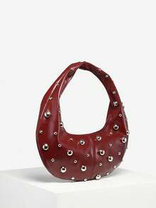 1 件女士复古朋克铆钉波西米亚围巾，仿皮新月形单肩包，大容量，适合外出、派对和日常穿着 - 酒紅色 - 查看 2