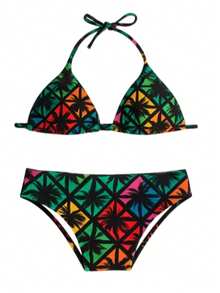 Printed Youth Bikini Set With Tie-Dye Triangle Top, Removable Pads, And Lined Panties For Summer - 墨綠色 - 查看 5