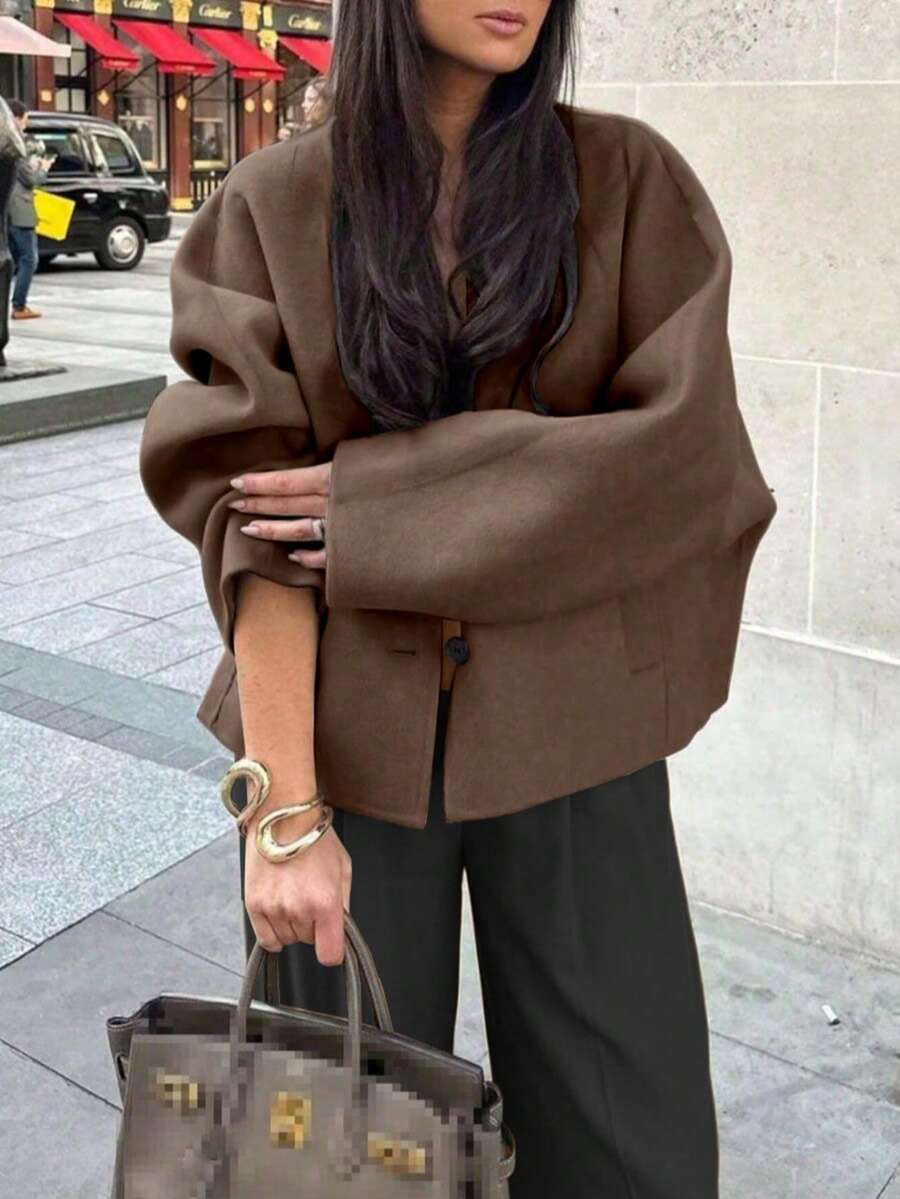 Women's Casual Solid Color Jacket, Versatile For Daily Wear, Autumn/Winter - Dark Brown - View 1