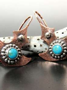 2pcs Elegant Boho Anchor Shaped Mixed Copper, Silver, Faux Turquoise Metal Earrings, Suitable For Vacation, Travel, Gifts