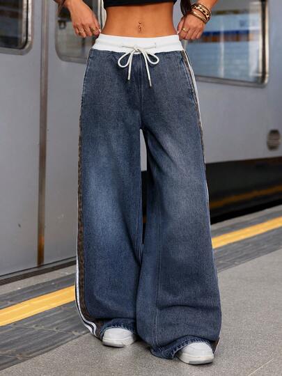 优雅休闲复古条纹撞色拼布水洗无弹力牛仔阔腿牛仔裤，配有抽绳口袋，适合机场、日常、节日、万圣节、啤酒节、狂欢节、所有季节