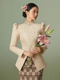 Women's Stand Collar Asymmetrical Design, Elegant 3D Floral Pattern Dignified Blouse