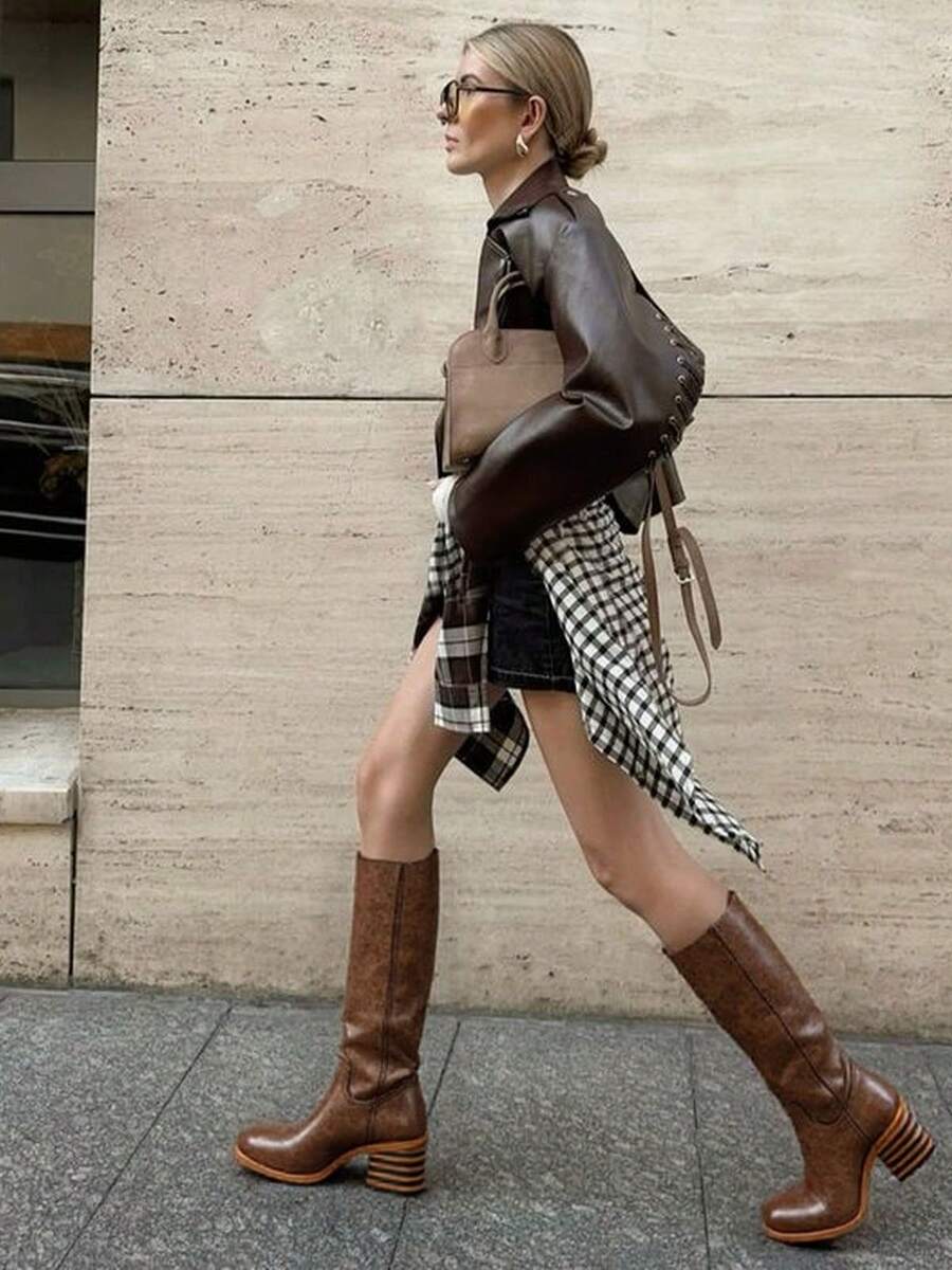 Wide Calf Dark Brown Knee High Campus Boots For Women, Square Toe Chunky Block Low Heel Vintage Long Boots For Holiday - 深棕色 - 查看 1