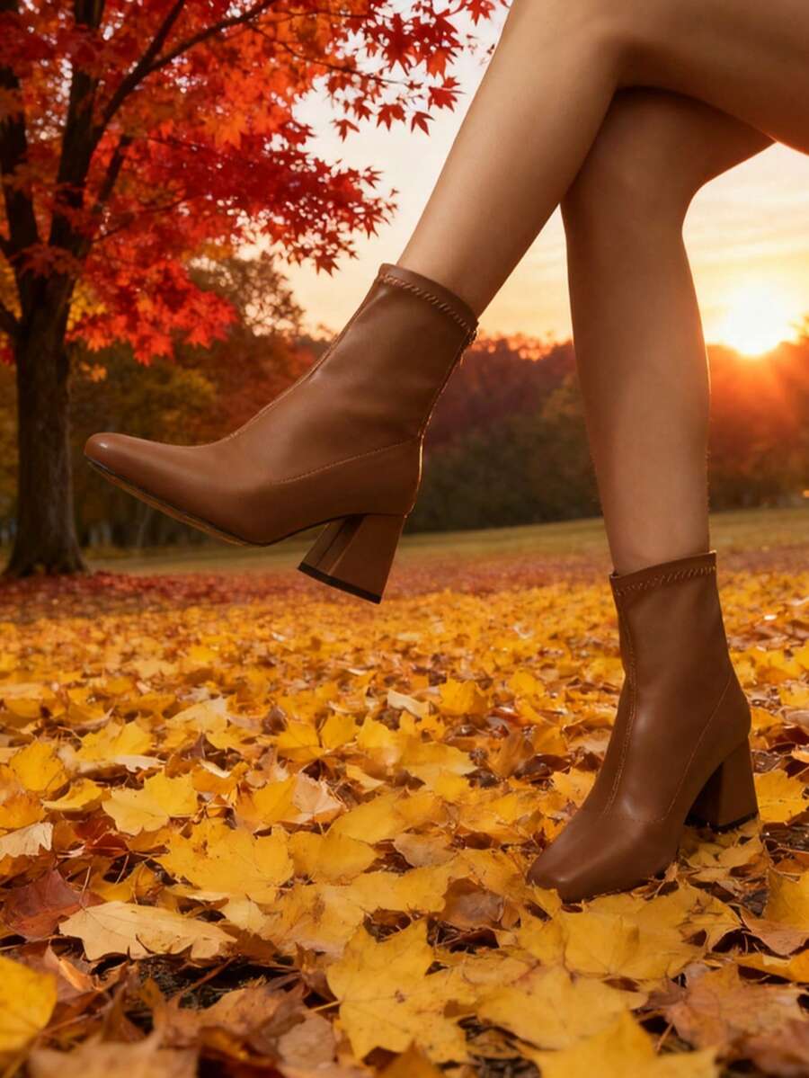 Brown Square Toe Chunky Heel Ankle Boots For Women, Autumn/Winter Fashion Back Zipper High Heel Chelsea Boots, Versatile & Slimming