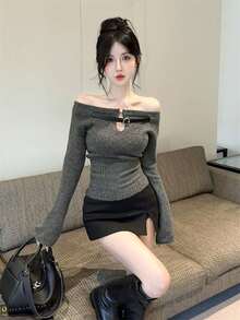1pc Women's Off-Shoulder Sweater, Sexy Hollow-Out Design, Suitable For Outings, Home, Dates, Parties In Autumn/Winter. Comes With Matching Belt. Spring - Grey - View 5