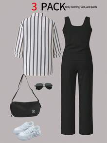 女士三件套休闲套装：条纹衬衫夹克、无袖方领上衣和松紧腰阔腿裤，适合通勤，秋冬 - 黑色 - 查看 5