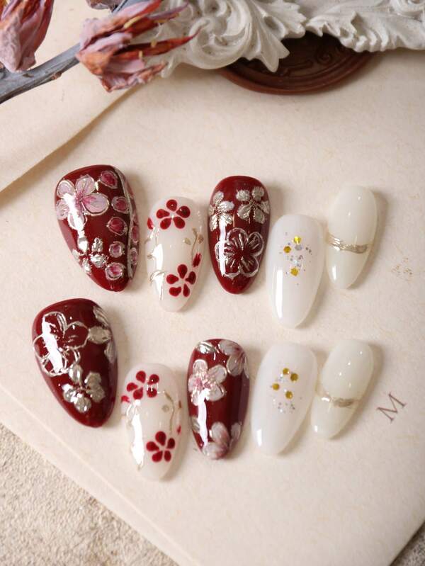 10pcs Press On Nails Fake Nails Short Almond Press On Nails Red Golden Flower Office DailyWear False Nails Artificial Nails Kit Includes 1sheet Adhesive Tabs &1 Pc Mini File