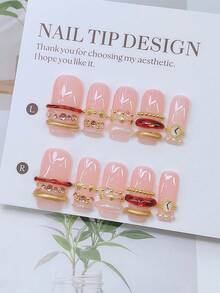 10 件 Y2K Nails 管状按压指甲套装 - 手工制作，粉色指甲，手工 3D 金戒指、银戒指和金表设计，闪亮金色贝壳、金色星星和水钻装饰 - 适合女士和女孩，派对、婚礼、日常佩戴、DIY 美甲，美甲套装，包含工具包。哥特式指甲。方形指甲。手工亚克力方形按压指甲。假指甲。美甲用品 - 彩色 - 查看 11
