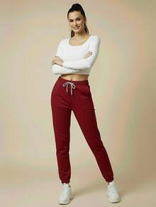 Women's Plush Jogger Sweatpants With Drawstring And Pocket | Winter Pants, Cold Weather Clothing, Comfortable, Warm, Casual, Thermal - 紫紅色 - 查看 7
