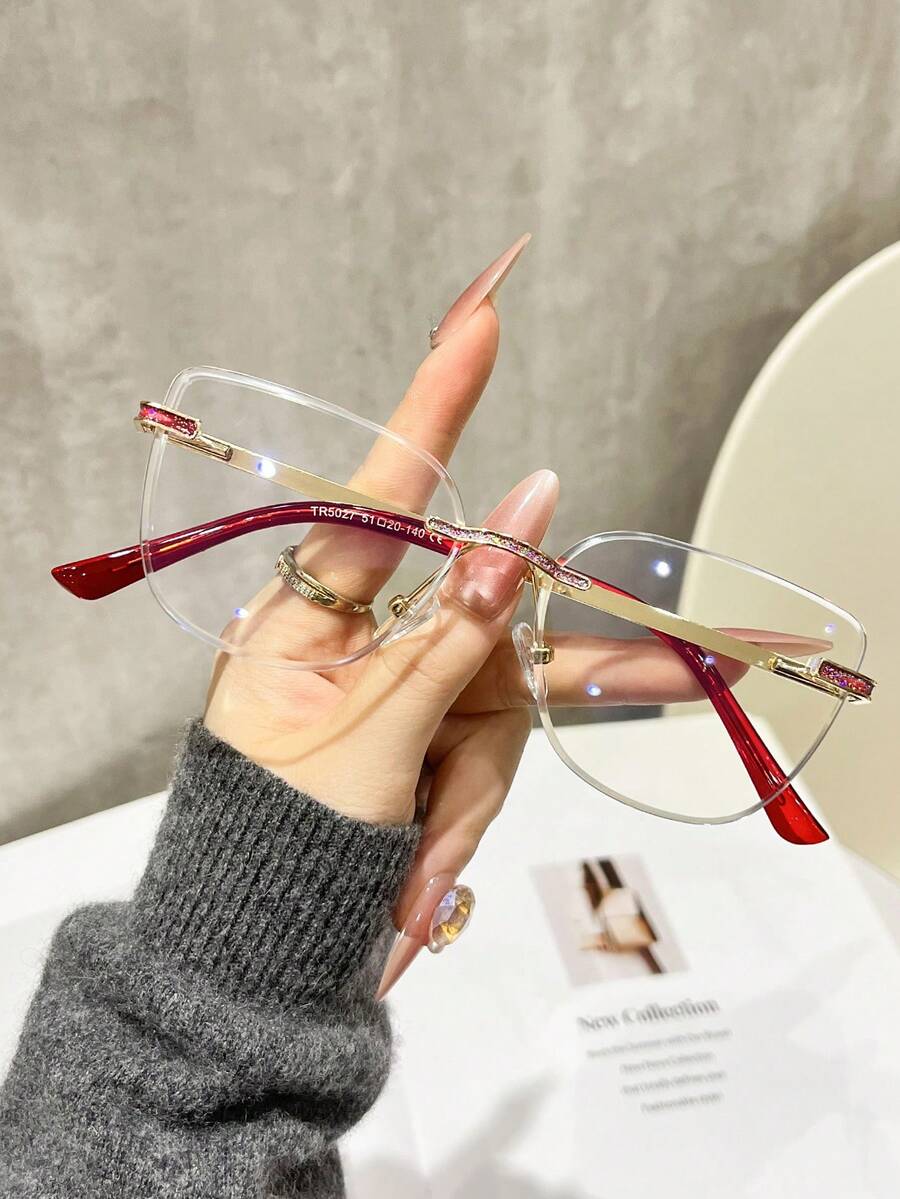 1 副男女通用红色无框猫眼金属眼镜，性感简约风格，适合日常生活，视野清晰，高清眼镜配件 - 紅金平 - 查看 1