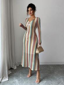 2025 Autumn And Winter Water Wave Pattern Elegant Bohemian Knitted Fabric Cut-Out Front Bowknot Midi Dress - Suitable For Evening Dates, Beach Weddings, Birthday Parties; Elegant, Casual, Four-Season Wear