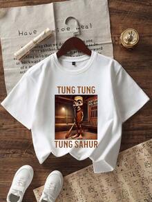 3pcs Tween Boys' "Italian Brainrot" Graphic Print Crew Neck Short Sleeve T-Shirts, Summer Tops