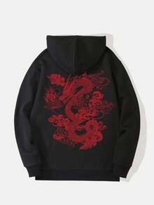 K-GLORY 男士连帽衫，新款秋冬街头风中国龙图案印花抓绒连帽卫衣 - 黑色 - 查看 5