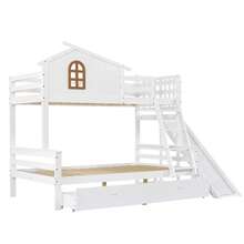 Etagenbett mit charakteristischen Fenstern und vierstufiger Kipptreppe, Kinder und Mutterbett mit Rutsche, mit zwei Schubladen, Bettrahmen aus Massivholz, Weiß, 90x200 & 120x200cm