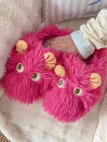 Damskie kapcie w kolorze fuksji z pluszową podeszwą i zabawnym motywem potwora, idealne na imprezę halloweenową i do noszenia w domu, jesień/zima