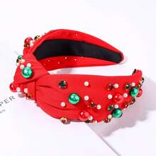 Christmas Red Knot Hairband - Pearl & Jewels Top Headband For Women, Fashion Elegant Ladies Wide Knot Head Band, Holiday Party Outfit Gifts - 聖誕紅結髮帶 - 查看 9