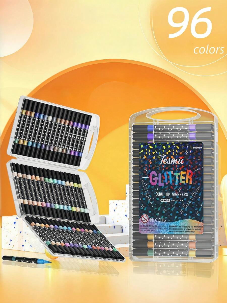 Set de 96/72/48/24 bolígrafos de doble punta con purpurina, bolígrafos de pincel de doble color para dibujo y arte, con puntas de purpurina perlada gruesas y suaves que no se desvanecen, bolígrafos de acuarela, suministros de arte, regalo para fiestas. Nota: El diseño de la etiqueta del embalaje puede variar debido a las diferencias en los lotes de producción.
