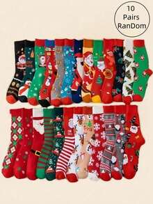1/10 Pairs Women's Assorted Christmas & Holiday Themed Mid-Calf Socks, Autumn/Winter