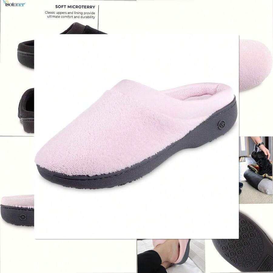 Isotoner Women's Terry And Satin Slip On Cushioned Slipper With Memory Foam For Indoor/Outdoor Comfort Flat Sandals - 花瓣粉紅 - 查看 1