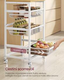 Carrello da Cucina a 4 Ripiani, con Cesti Scorrevoli, Carrellino da Cucina con Rotelle, con Maniglia, 31,7 x 40 x 76 cm, Rovere Dorato e Bianco Opaco - Bianco - Visualizzare 2