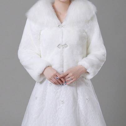 1개 우아하고 다재다능한 긴 소매 인조 모피 칼라 방풍 보온 신부 숄, 라인 스톤 버튼 포함, 결혼식, 파티에 적합
