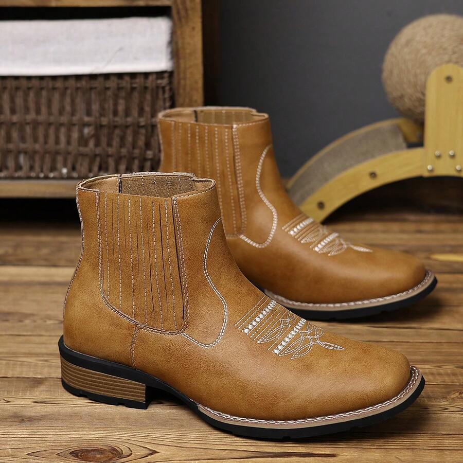 Men's Westem Fabric Chelsea Boots With Square Toe AndBare Fabric Boots,Casual Vintage Fashion Brown Boots