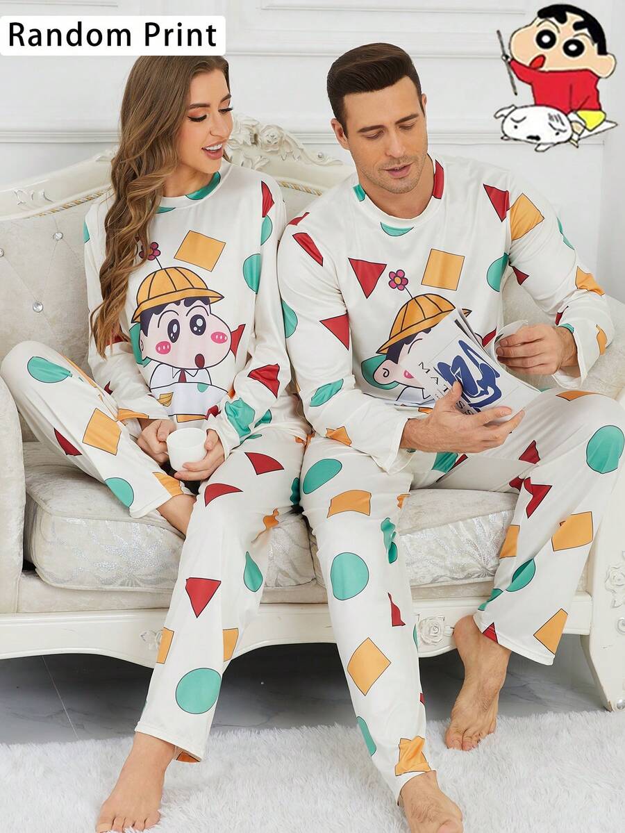 CRAYON SHINCHAN 2pcs Crayon Shin-Chan Milk Silk Soft & Skin-Friendly Cartoon Print Pullover Sweatshirt & Long Pants Men Pajama Set, Random Print, Spring/Autumn - Beige - View 1