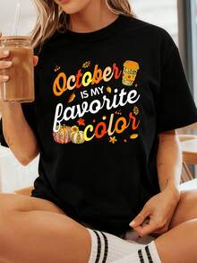 October Is My Favorite Color Autumn Fall Thanksgiving-Shirt         Graphic Tees Women Crop Tops Summer Outfits Women Summer Tops-Shirt - Black - View 1