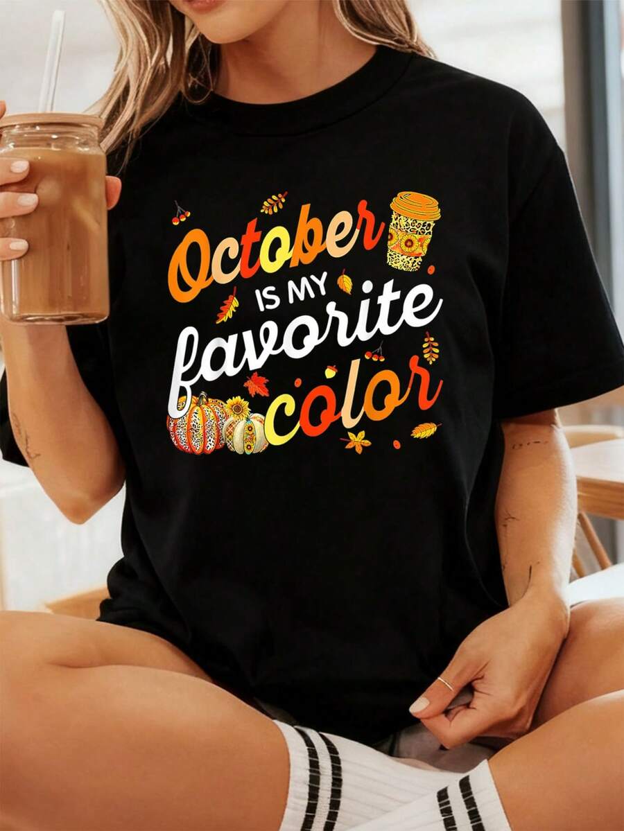 October Is My Favorite Color Autumn Fall Thanksgiving-Shirt Graphic Tees Women Crop Tops Summer Outfits Women Summer Tops-Shirt - Black - View 1