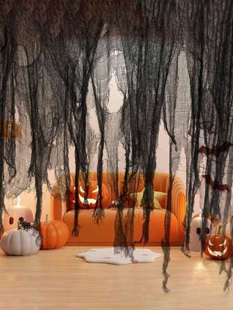 1pc/3pcs Black 30*72 Inch(72*183 Cm) Halloween Party Decoration Haunted House Gauze DIY Decorative Cloth Suitable For Halloween Atmosphere Manufacturing Decoration, Perfect For Doorway, Yard, Tree, Window