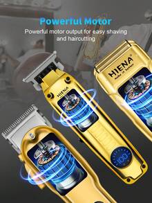 HINEA HIENA 三合一专业无线理容套装，包含金色电动理发器、剃须刀、修剪器 - KM-2299，不锈钢刀片，个人护理套装，精美礼盒包装
