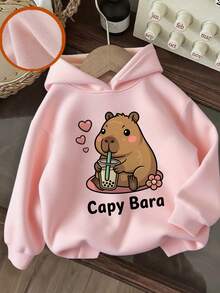 1pc Tween Girl Casual Printed Pullover Sweatshirt, Thermal Lined, Long Sleeve, Autumn/Winter Student Clothing - Pink - View 1