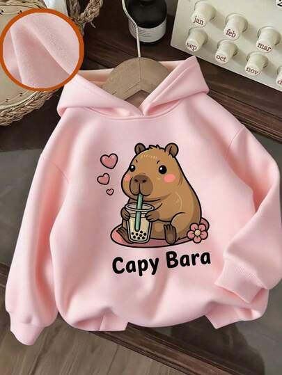 1件少女休闲印花套头卫衣，保暖内衬，长袖，秋冬季学生服装