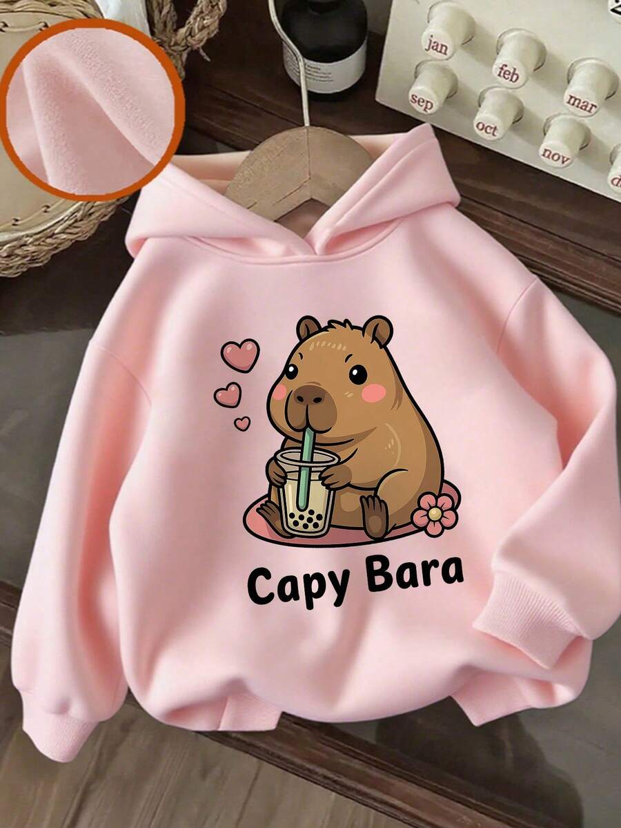 1pc Tween Girl Casual Printed Pullover Sweatshirt, Thermal Lined, Long Sleeve, Autumn/Winter Student Clothing - Pink - View 1