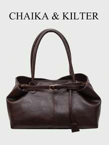 1件 CHAIKA & KILTER 纯色PU皮革女士单肩包，复古时尚方形包，双提手，按扣闭合，肩带装饰，适合日常和户外使用 - 咖啡 - 查看 8