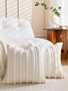 1pc Beige Textured Thick & Thin Stripe Rabbit Fur Decorative Throw Pillow Cover, Front Jacquard Rabbit Fur, Reverse Holland Velvet Fabric, Square Cushion Cover, Holiday Home Decor Pillow Case, Soft Velvet Material, Modern Decor For Sofa, Home & Bedroom - Beige - View 3