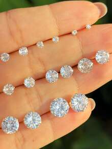 Women's And Men's Point Of Light Earring 925 Sterling Silver Zirconia Stone 9mm 8mm 7mm 6mm 5mm 4mm 3mm 2mm - 銀色 - 查看 3